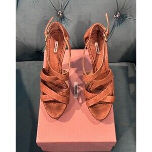 Miu Miu Tan Brown Leather Platform Heels Sandals Size 38.5 Authentic